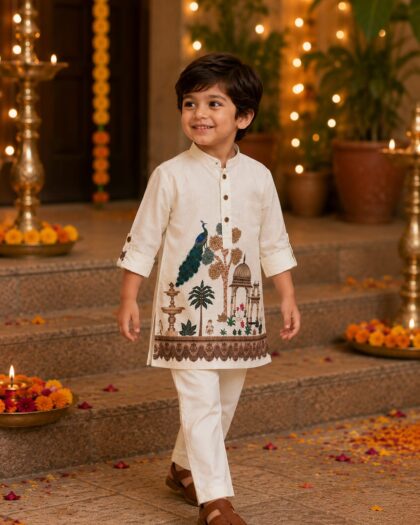 Royal Peacock Heritage Print Kurta Pajama Set for Boys