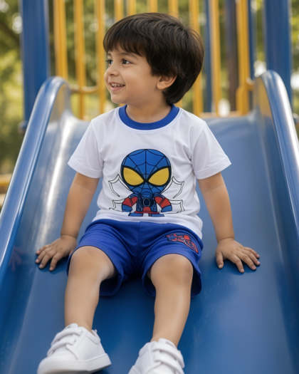 Spider Hero Kids Summer Co-Ord Set – Blue & White