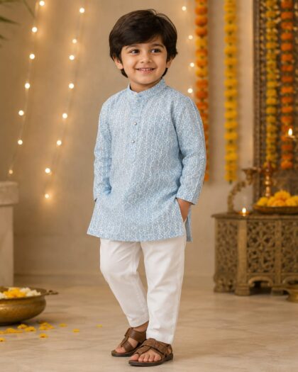 Sky Blue Printed Kurta Set for Boys