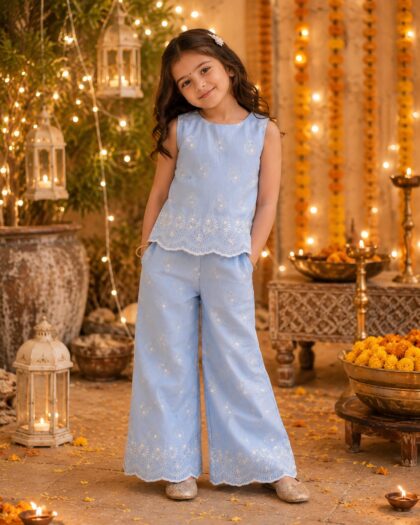 Sky Blue Chikankari Co-ord Set for Girls
