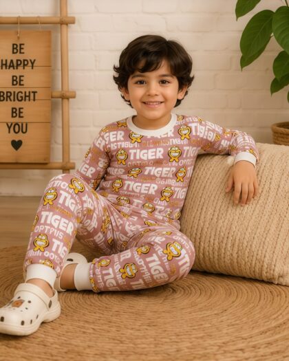 Tiger Optimistic Kids Cotton Night Suit Set – Pink (Unisex)