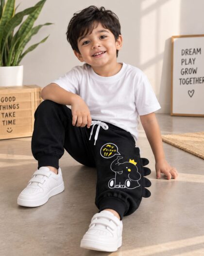 Kids Elephant Print Cotton Jogger Pants – Black