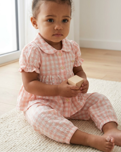 Peach Gingham Puff-Sleeve Girls Co-Ord Set