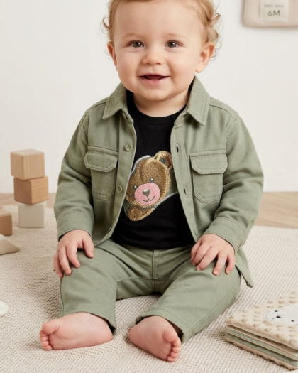Little Explorer Sage Green Shirt & Pant Set with Teddy Bear T-Shirt