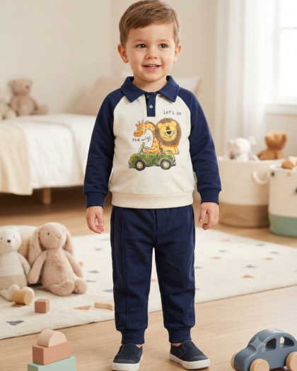 Boys’ Navy Blue & Cream Safari Animal Printed Sweatshirt and Jogger Set