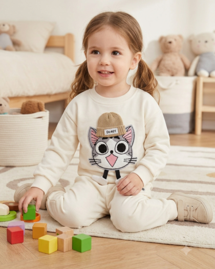 Girls’ Cream Cat Appliqué Sweatshirt and Matching Jogger Set