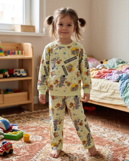 Kids Unisex Cartoon Print Sweatshirt and Track Pants Co-ord Set – Pale Yellow