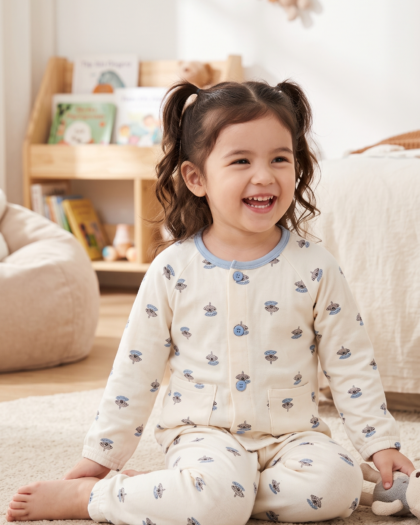Baby & Toddler Boys/Girls Thermal Loungewear Set – Full Sleeve Front-Open PJs with Printed Motif