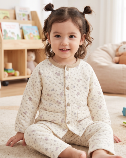 Baby & Toddler Warm Quilted Loungewear Set – Full-Sleeve Snap Button Nightwear with Contrast Neck Trim
