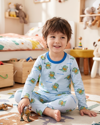 Toddler Boys Little Crocodile Print Pajama Set – 2-Piece Cotton Long Sleeve Top & Pants Sleepwear