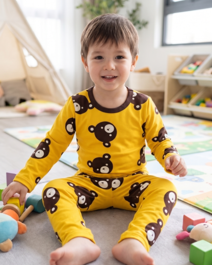 Kids Unisex Cartoon Bear Two-Piece Cotton Loungewear (Top & Pants)
