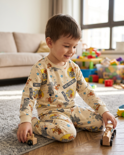 Kids Unisex Cartoon Print Sweatshirt and Track Pants Co-ord Set – Pale Yellow