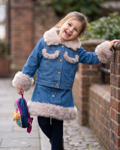 Girls Winter Warm Denim Crop Jacket & A-Line Skirt Coord Set