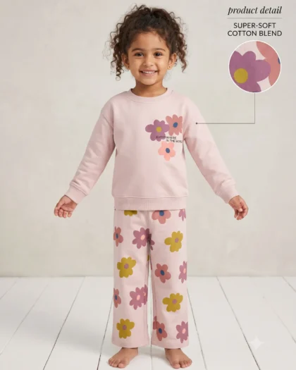 Pink Floral Children's Long-Sleeve Shirt and Pants Set