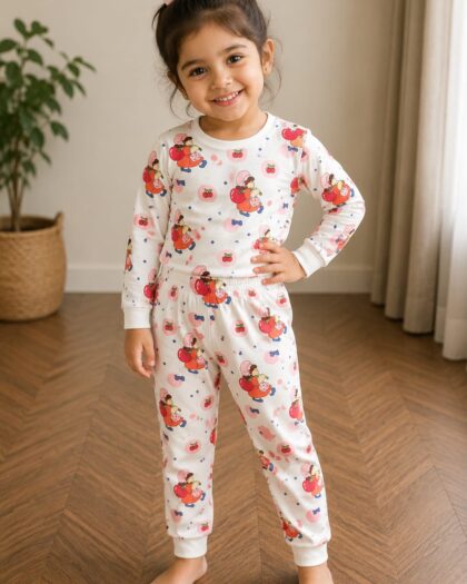 Girls Strawberry Shortcake Character Print Cotton Loungewear Set – Full Sleeve Top & Pajama Nightwear