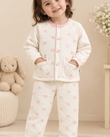 Toddler Girls Quilted Cotton Pajama Set – Cozy Button-Front Thermal Loungewear with Bow Print