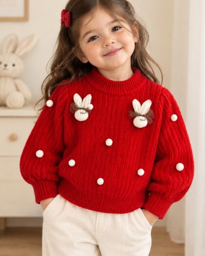 Girls’ Red Bunny Pom-Pom Knit Sweater